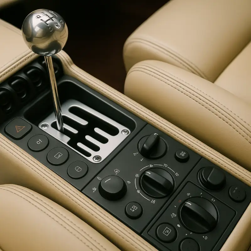 Close-up view of a luxury car’s gear shift console, highlighting precision controls and gear lever, representing auto transmission repair and service expertise.