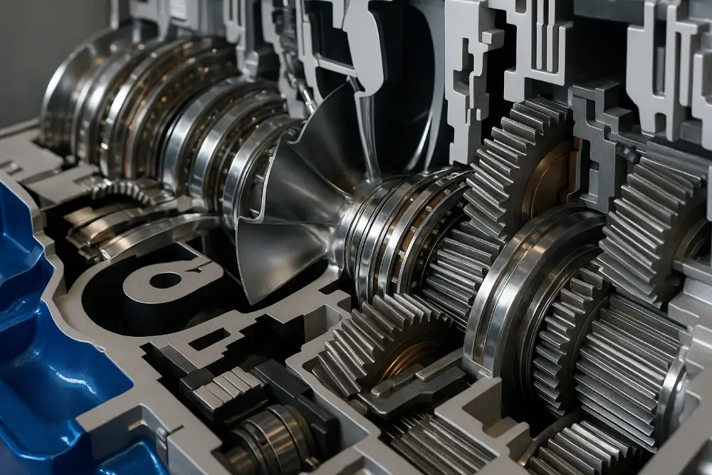 Close-up view of automatic transmission gears, clutch packs, and torque converter components, showcasing detailed auto transmission repair and rebuild process.