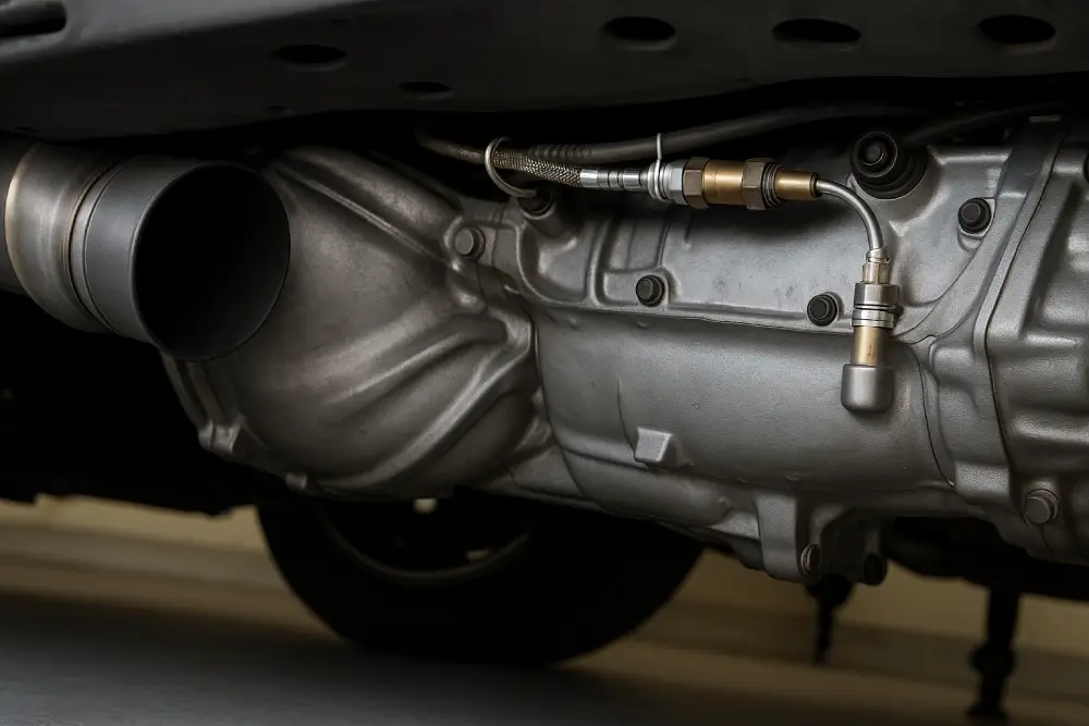 Close-up view of an automobile undercarriage highlighting the transmission system, showcasing details relevant to auto transmission repair and maintenance.