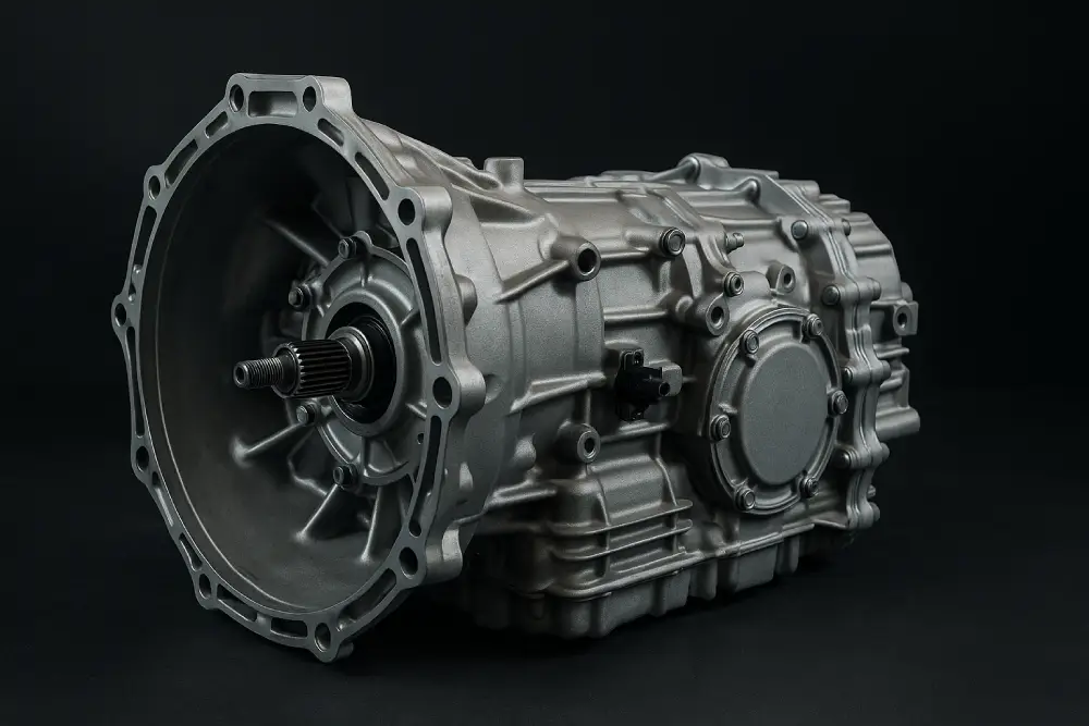 High-resolution image of a car gearbox transmission component showcasing its detailed design, metal housing, and input shaft on a dark background.