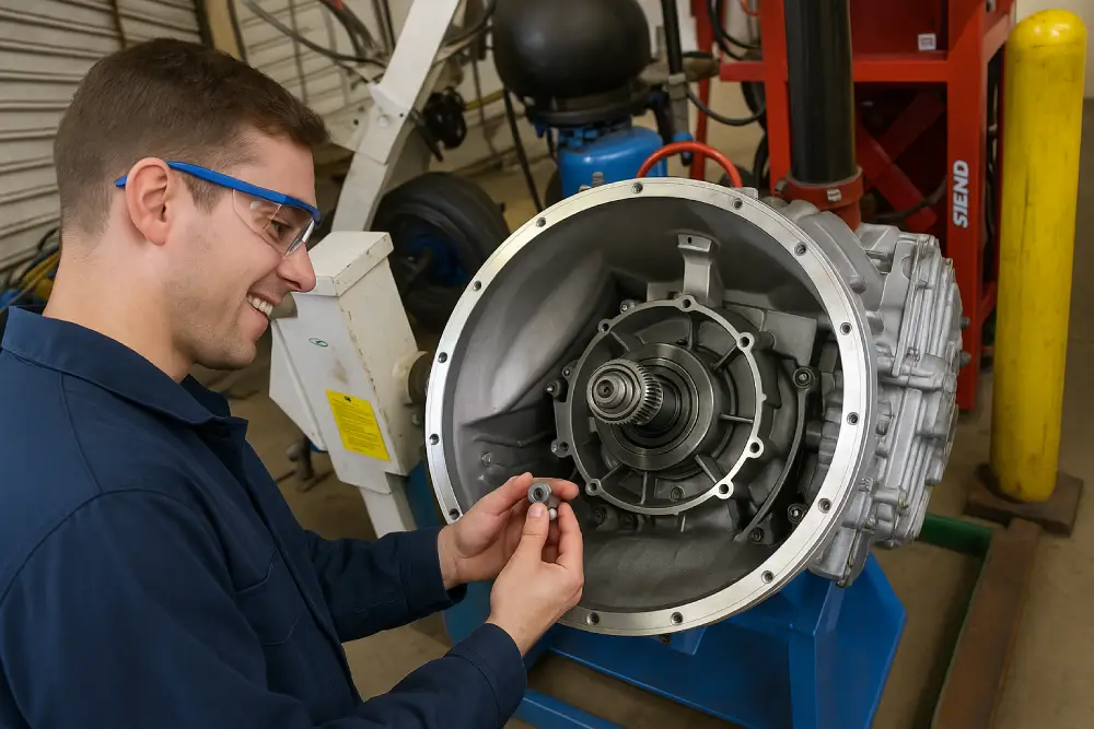 Skilled mechanic working on a vehicle gearbox, performing detailed transmission rebuild and clutch system maintenance in an automotive repair shop.