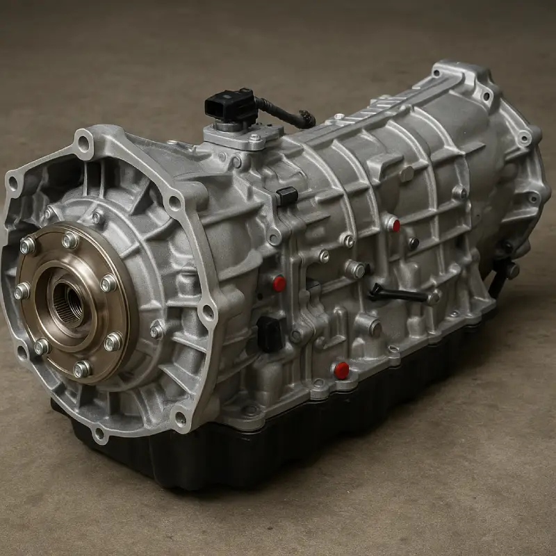 Closeup of an SUV automatic gearbox transmission showing detailed casing, gears, and mechanical components on workshop floor.