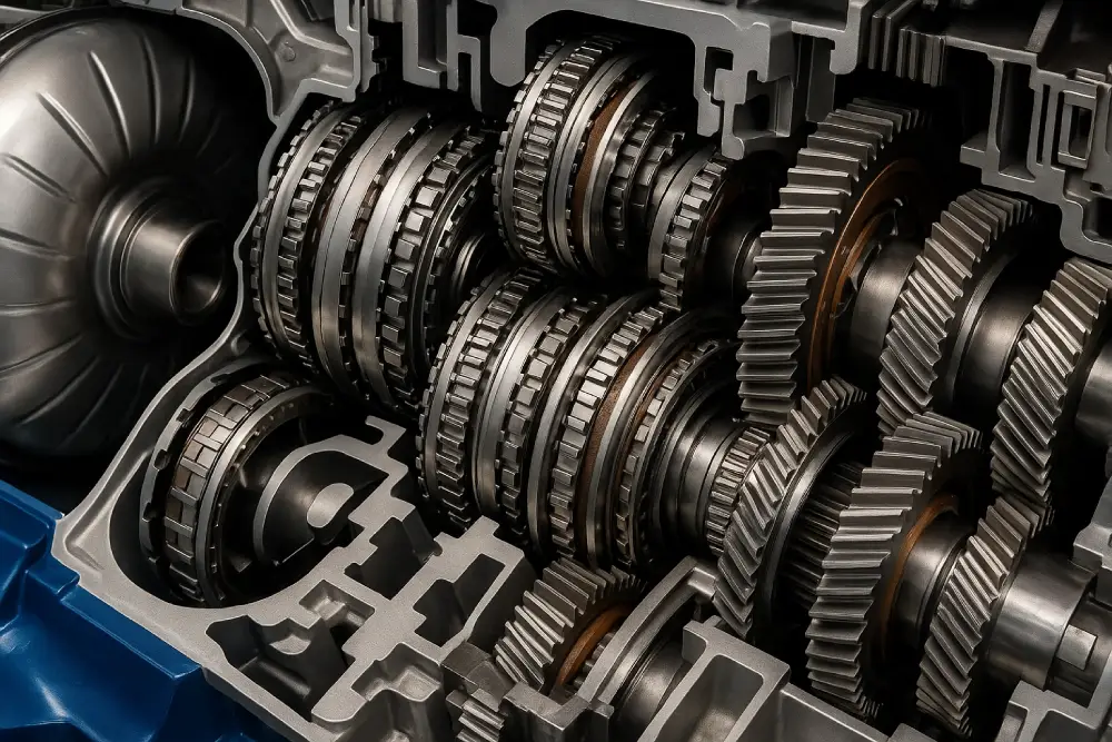 Detailed view of car transmission components including clutch packs, torque converter, and gears, showcasing expert gearbox rebuild and precision transmission service work.